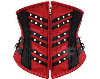 Red Black Leather Underbust Corset | Steel Boned Gothic Punk Waist Trainer