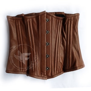 Brown genuine leather underbust corset with steel boning designed for women