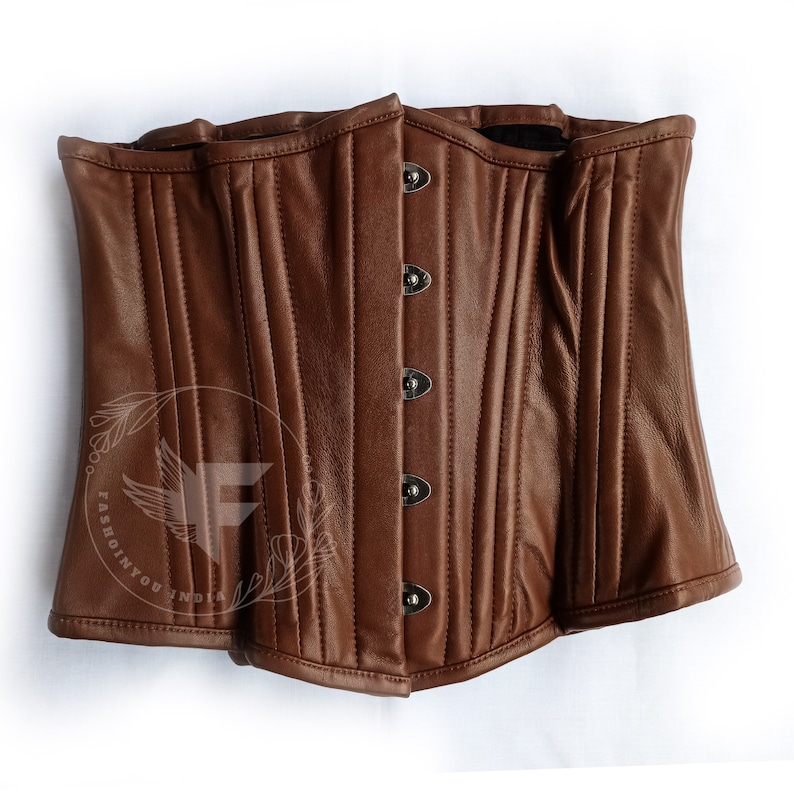 Brown genuine leather underbust corset with steel boning designed for women