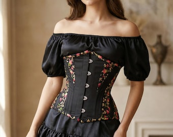 Steel Boned Shaper Underbust Black Silk Corset: Floral Embroidered Waist Trainer Plus Size