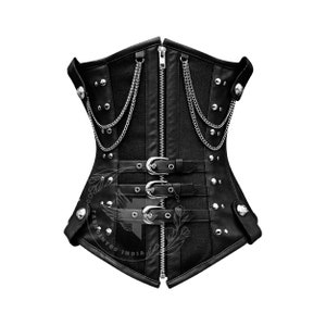 BUCKLED UP FAUX LEATHER SPIKED CORSET TOP in black