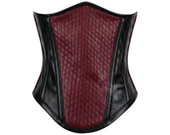 Steel Boned Underbust Corset, Burgundy Black Quilted Vegan Leather Waist Trainer