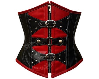Steel Boned Corset Red Black Faux Leather Underbust Waist Cincher