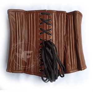 Underbust waist trainer corset for women in genuine brown leather with steel boning