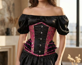 Underbust Corset Floral Brocade : Pink, Gold & Black Satin