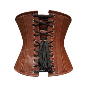 Authentic brown leather underbust corset with steel boning for women