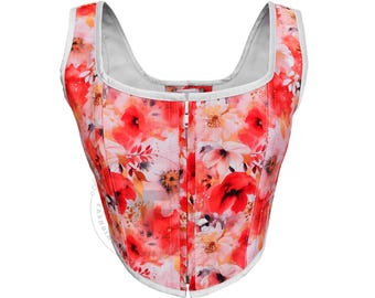 Renaissance Bodice Red Floral Bustier  | Overbust Corset Top, Cottagecore Fairycore Festival Wear