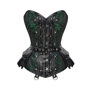 Green Brocade Overbust Corset: Faux Leather Punk Waist Shaper