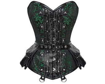 Green Brocade Corset: Faux Leather Overbust Punk Waist Shaper