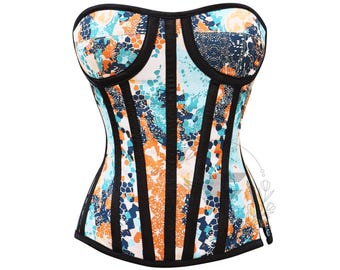 Multicolor Abstract Floral Printed Satin Overbust Corset | Steel Boned Waist Trainer Top