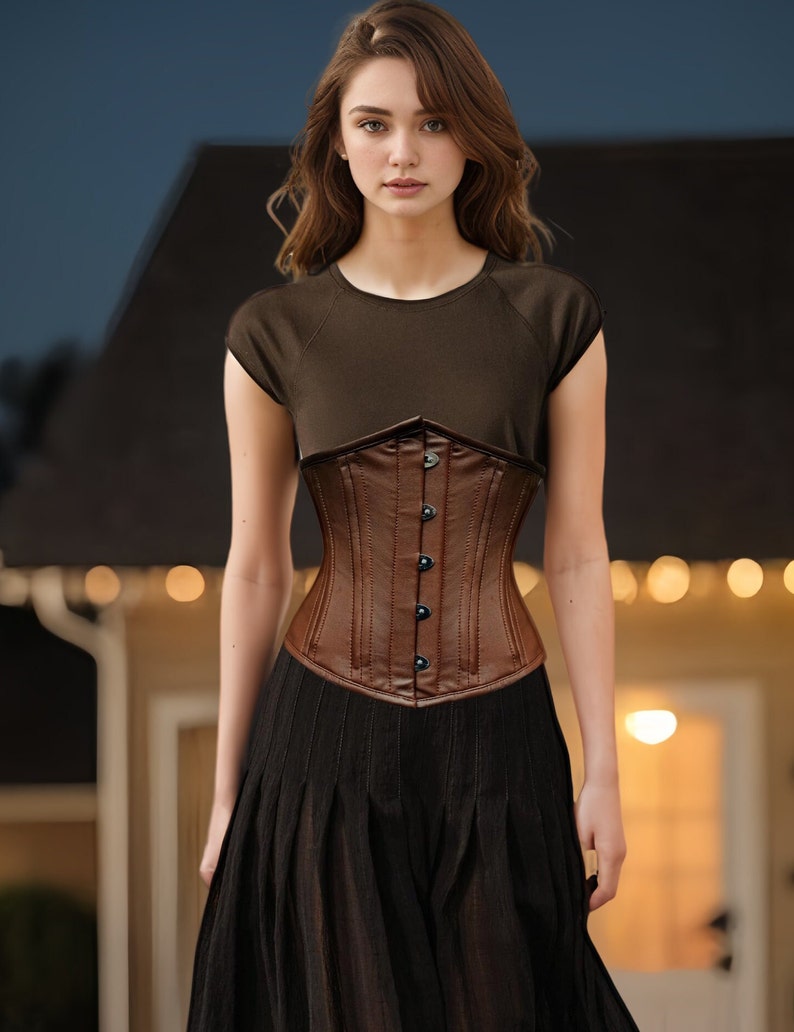 Corset sous la poitrine en cuir marron Meilleur gaine de taille pour femme Corset gainant avec baleines en acier Corset Grande Taille en Cuir Authentique image 2