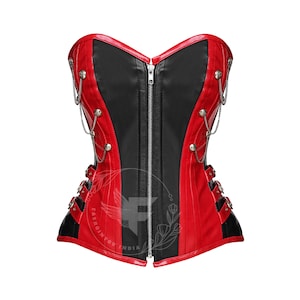 Faux Leather Overbust Corset Top | Red and Black Leather Corset | Steel Boned Shapwear Corset | Plus Size Corset Top for Punk Costumes