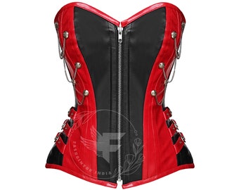 Punk Leather Corset Top: Red or Black Overbust Steel Boned Plus Size Cosplay