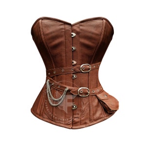 Brown Authentic Leather Overbust Corset Top | Steel Boned Leather Corset Waist Trainer | Steampunk Corset Costume | Plus Size Corset