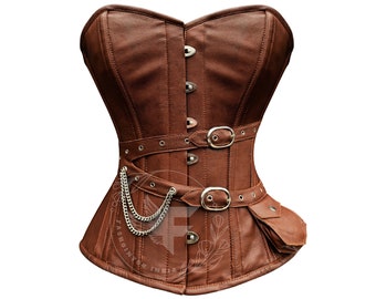 Brown Authentic Leather Overbust Corset Top | Steel Boned Leather Corset Waist Trainer | Steampunk Corset Costume | Plus Size Corset