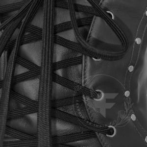 Black leather underbust corset belt with crisscross lacing, metal eyelets, reinforced panels.