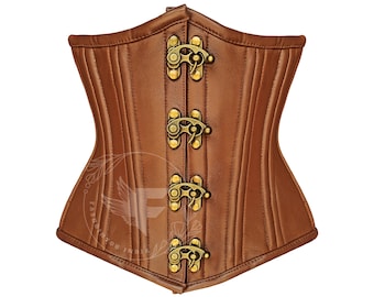 Brown Leather Corset Belt: Steel Boned Waist Cincher Plus Size Shapewear
