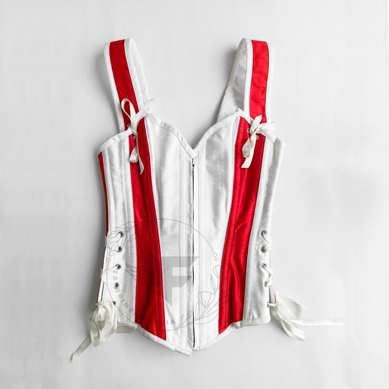 Stylish Steel Boned Corset with White and Red Silk