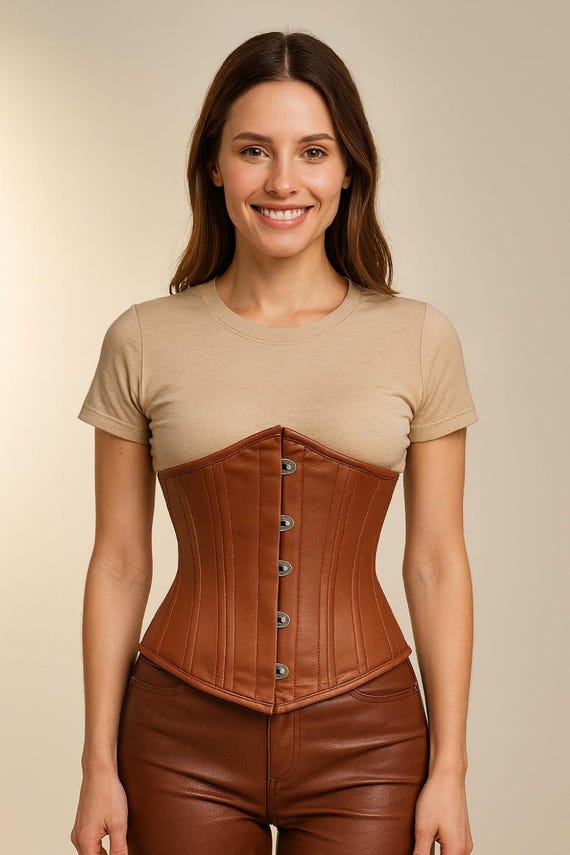 Brown Waist Trainer Leather Brown Leather Corset Belt: Steel  display picture 3