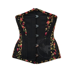 Floral Embroidered Underbust Corset: Black Taffeta Steel Boned Waist Shaper