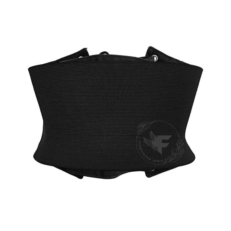 Black leather underbust corset belt, adjustable waist cincher with curved silhouette and stays.