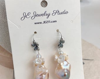 Large Baroque Pearl Earrings with flowers, 925 Sterling Silver