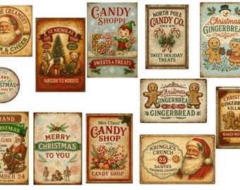 May include: A collection of vintage-style Christmas signs with various designs. Signs include Santa Claus, gingerbread people, candy shops, and holiday messages. The color palette is warm, featuring reds, greens, and browns.
