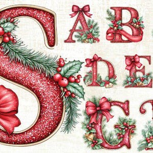 May include: A digital illustration featuring the letter S in a large size, alongside smaller letters A, B, C, D, E, F, G, and K. Each letter is rendered in a textured red glitter finish, decorated with green pine needles, red holly berries, gold bells, and red bows.