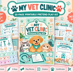 Puede incluir: Un kit de juego de simulación imprimible de 20 páginas titulado My Vet Clinic con ilustraciones de un cachorro, un gatito y un conejo. El kit incluye varios documentos como una lista de precios, formularios de examen, un certificado de veterinario junior, dinero de juguete y herramientas veterinarias recortables como un estetoscopio, una jeringa y vendas.