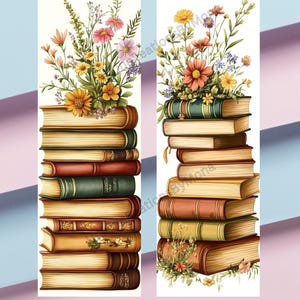 May include: Two watercolor illustrations of stacked books topped with colorful flowers. The books have various colors and textures, with some featuring gold accents. The flowers include yellow, pink, and orange blooms, creating a vibrant and artistic display.