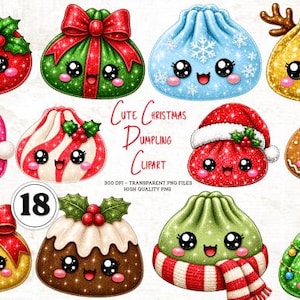 Może przedstawiać: Kolekcja osiemnastu cyfrowych ilustracji przedstawiających pierożki w stylu kawaii ozdobione motywami świątecznymi, w tym czapkami Mikołaja, ostrokrzewem, kokardami, rogami renifera i ozdobami, z napisem Cute Christmas Dumpling Clipart.