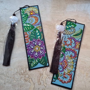 Diamond Painting completed bookmarks, Completed diamond painting faux leather bookmarks, gift for her, gift for friend, book lovers