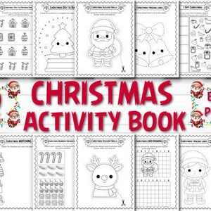 Könnte beinhalten: Ein schwarz-weißes Weihnachts-Aktivitätsbuch mit 150 Seiten. Das Cover zeigt den Text "Christmas Activity Book" in Rot, mit Illustrationen des Weihnachtsmanns. Das Buch enthält verschiedene Aktivitäten wie Nachzeichnen und Zuordnen.