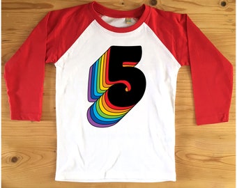 Fifth Birthday Five Raglan T-Shirt With Retro Rainbow Drop Shadow available in red or blue