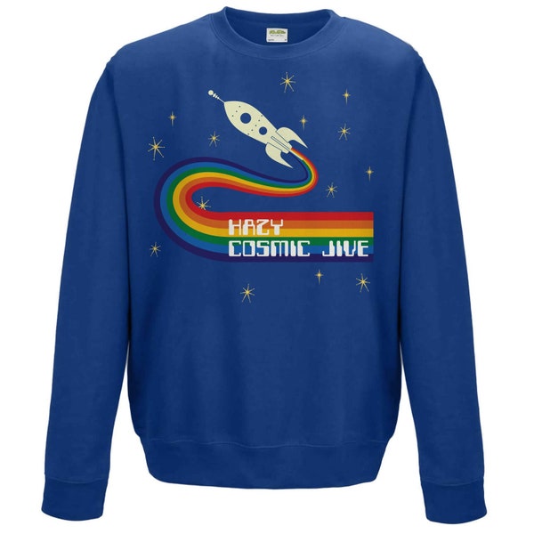 HAZY COSMIC JIVE Glow in the Dark Royal Blue Adult Sweatshirt. Retro Rainbow design with retro rocket ship.