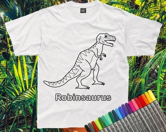 Personalised Colour-In Dinosaur T-Shirt - Tyrannosaurus Rex (fabric pens optional)