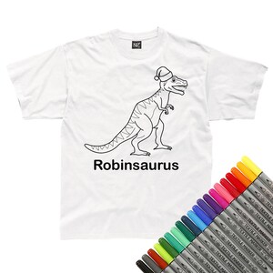 Personalised Christmas T-Rex In A Santa Hat Colour In T-Shirt (fabric pens optional)