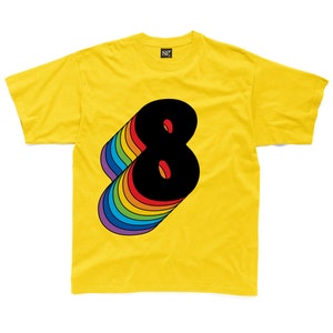 Eighth Birthday Eight T-Shirt With Retro Rainbow Drop Shadow available in cream or white