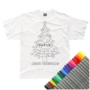 Personalised Christmas Tree Colour-In Kids T-Shirt (fabric pens optional) Ideal stocking filler Christmas present