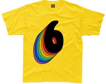 Sixth Birthday Six T-Shirt With Retro Rainbow Drop Shadow available in cream or white