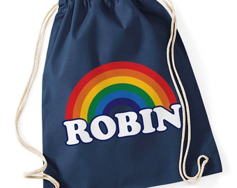 Personalizado Retro Rainbow Gymsac / Drawstring School Bag disponible en púrpura, marino, verde, azul, gris, naranja, rojo