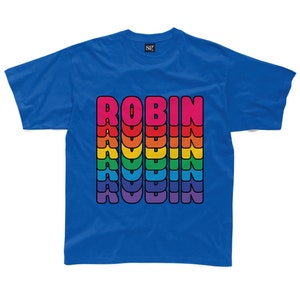 Personalised retro rainbow text kids t-shirt available in royal blue, grey, turquoise, pink & yellow