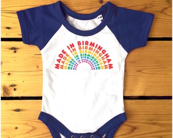 Made in Birmingham Raglan Baseball Babygrow / Bodysuit available in blue or red