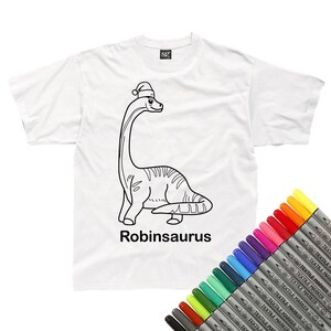 Personalised Christmas Diplodocus In A Santa Hat Colour In T-Shirt (fabric pens optional)