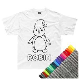 Personalised Christmas Penguin Colour-In Kids T-Shirt (fabric pens optional) Ideal stocking filler Christmas present