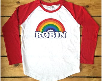 Personalised Retro Rainbow Raglan Baseball Women's T-Shirt