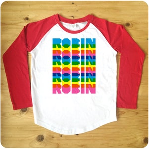 Personalised Name Rainbow Overlay Red or Navy Raglan Baseball Men&#39;s T-Shirt