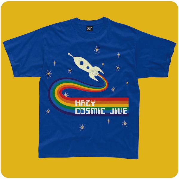 HAZY COSMIC JIVE Glow in the Dark Royal Blue Kids T-Shirt. Retro Rainbow design with retro rocket ship.
