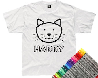 Personalised Colour-In Cat T-Shirt (fabric pens optional)