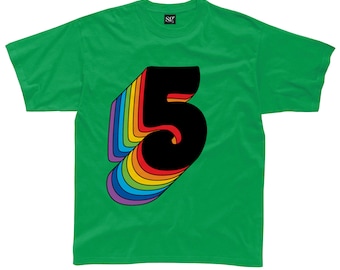 Fifth Birthday Five T-Shirt With Retro Rainbow Drop Shadow available in cream or white